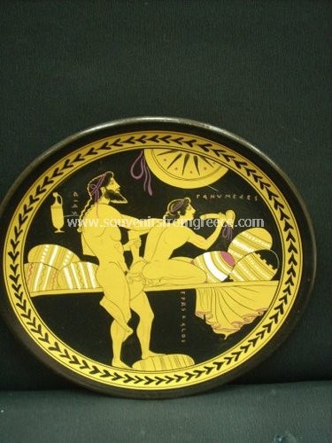 Souvenirs from Greece: Greek pottery ceramic plate with Zeus and Ganymedes Greek statues Bronze statues Fabulous greek souvenris ceramic plate with the famous scene from mythology with the greek god Zeus penertating his young servant Ganymides, rare greek gifts.